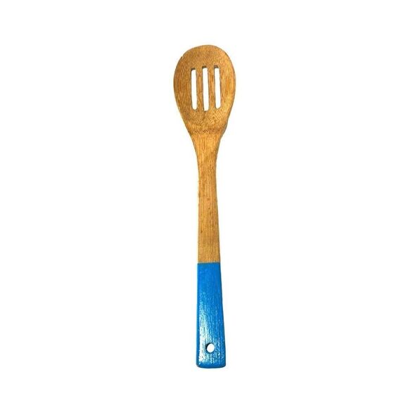 Frying Slotted Wooden Spoon  Blue Handle Kitchen Utensil Flip Wok Cooking - Picture 1 of 3